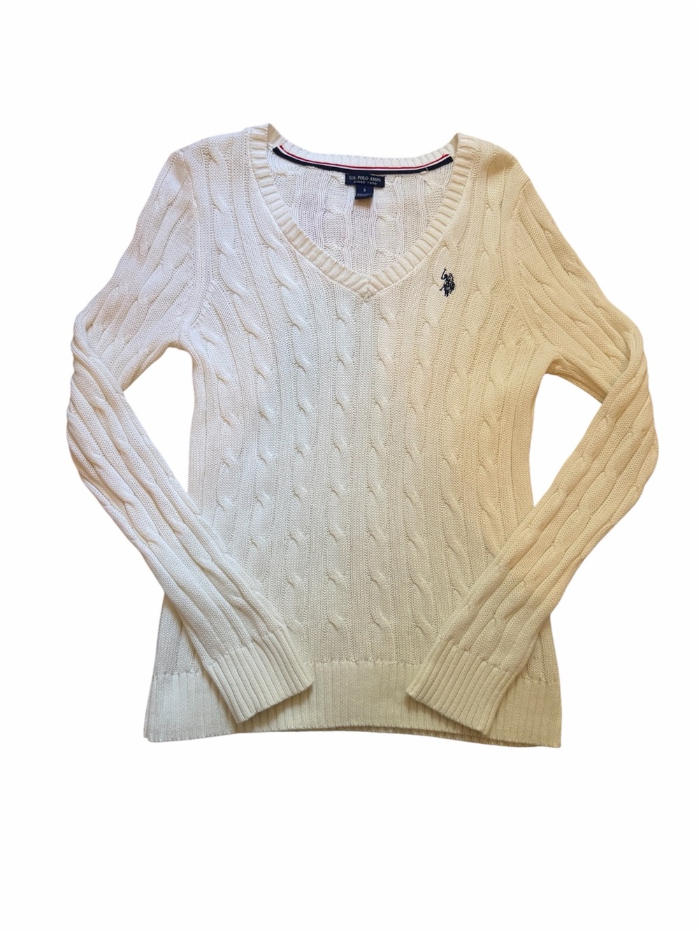 U.S. Polo Assn. Women's Cream Cable-Knit V-Neck Sweater with Logo